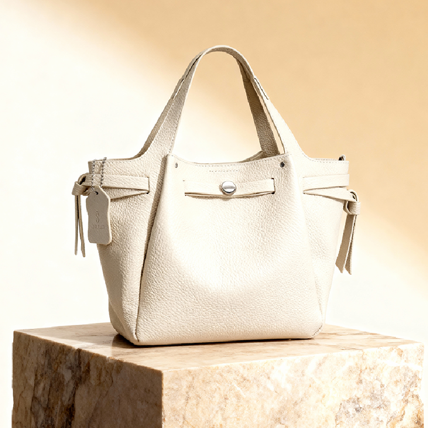 Milk Apricot Lychee-Textured Drawstring Handbag