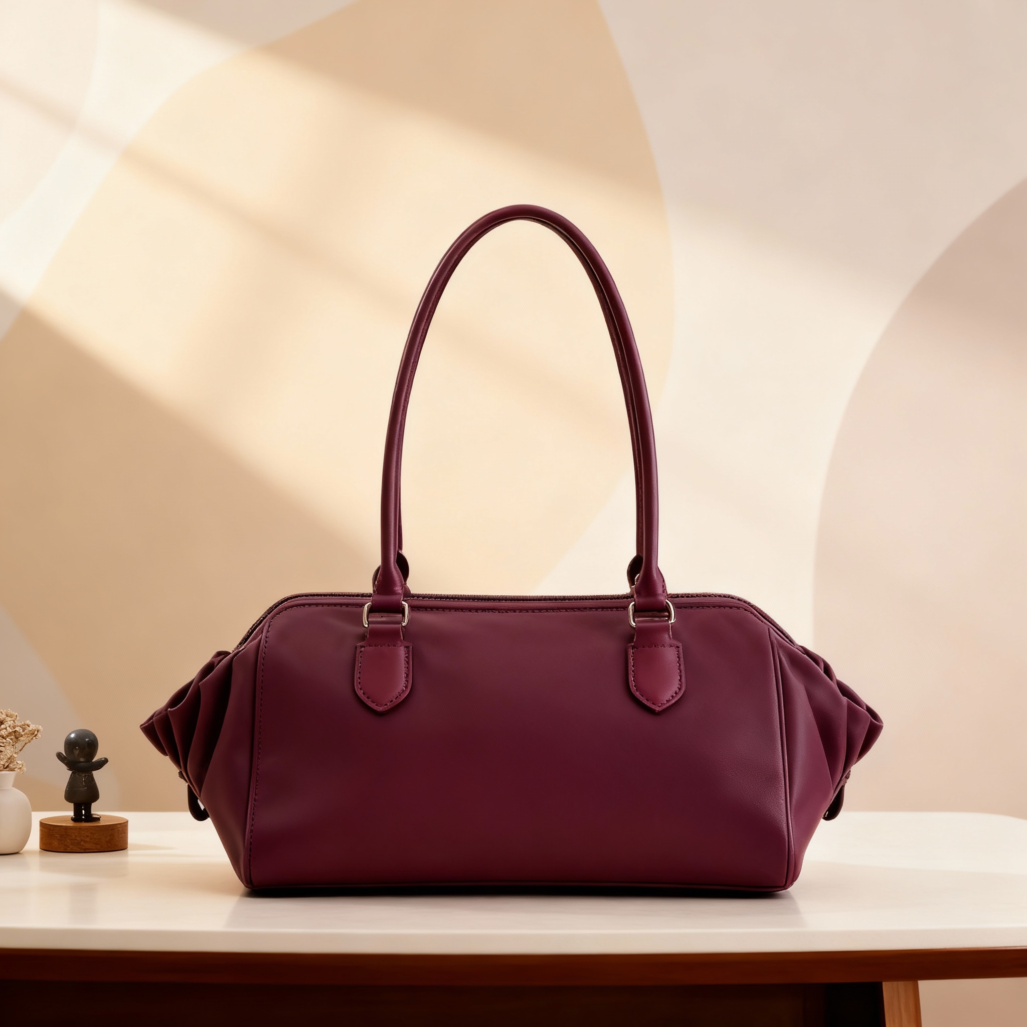 Wine Red Pleated Tote Bag